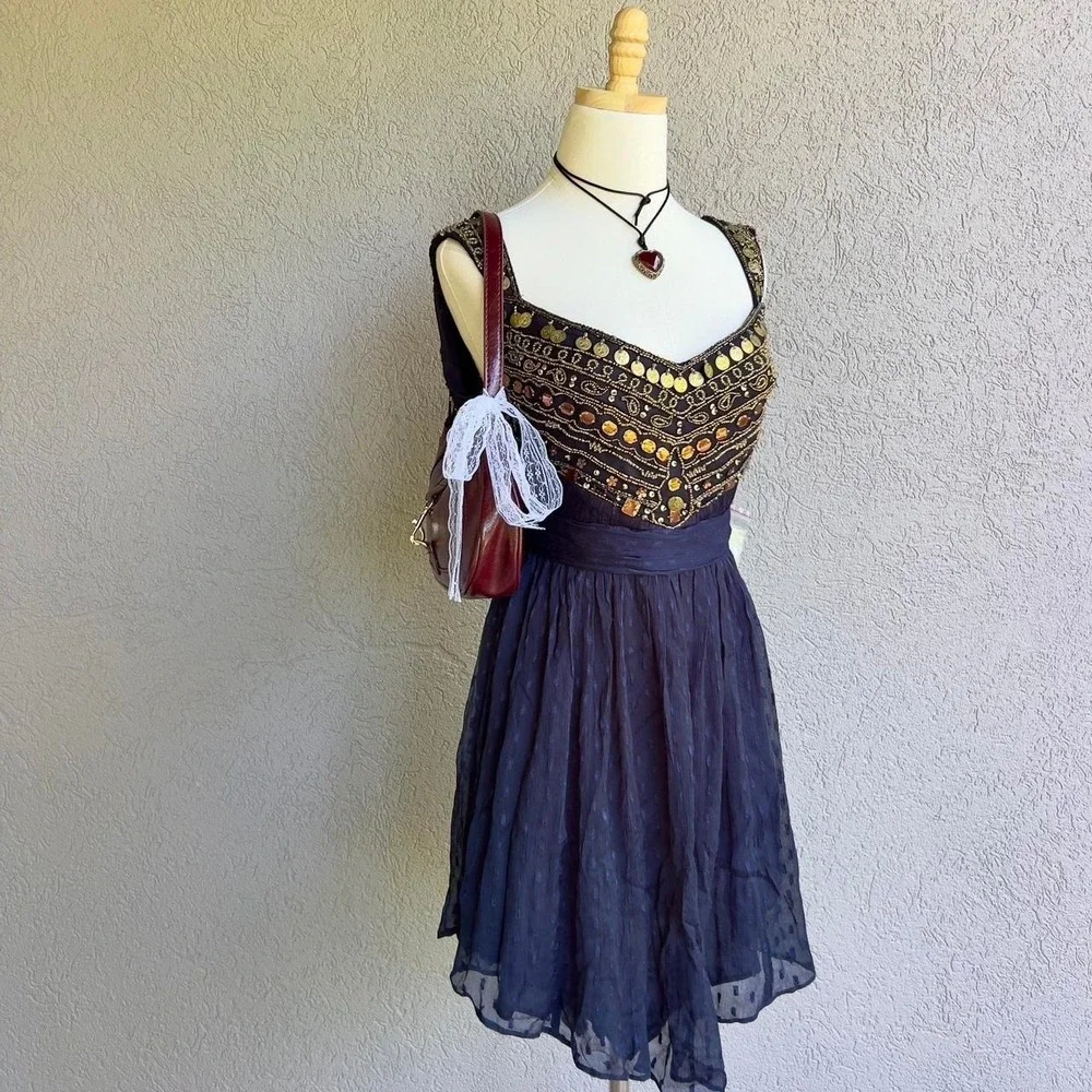 Free‎ People Indigo Blue Coin Embellished Dress Size 6 Beaded $350 Retail